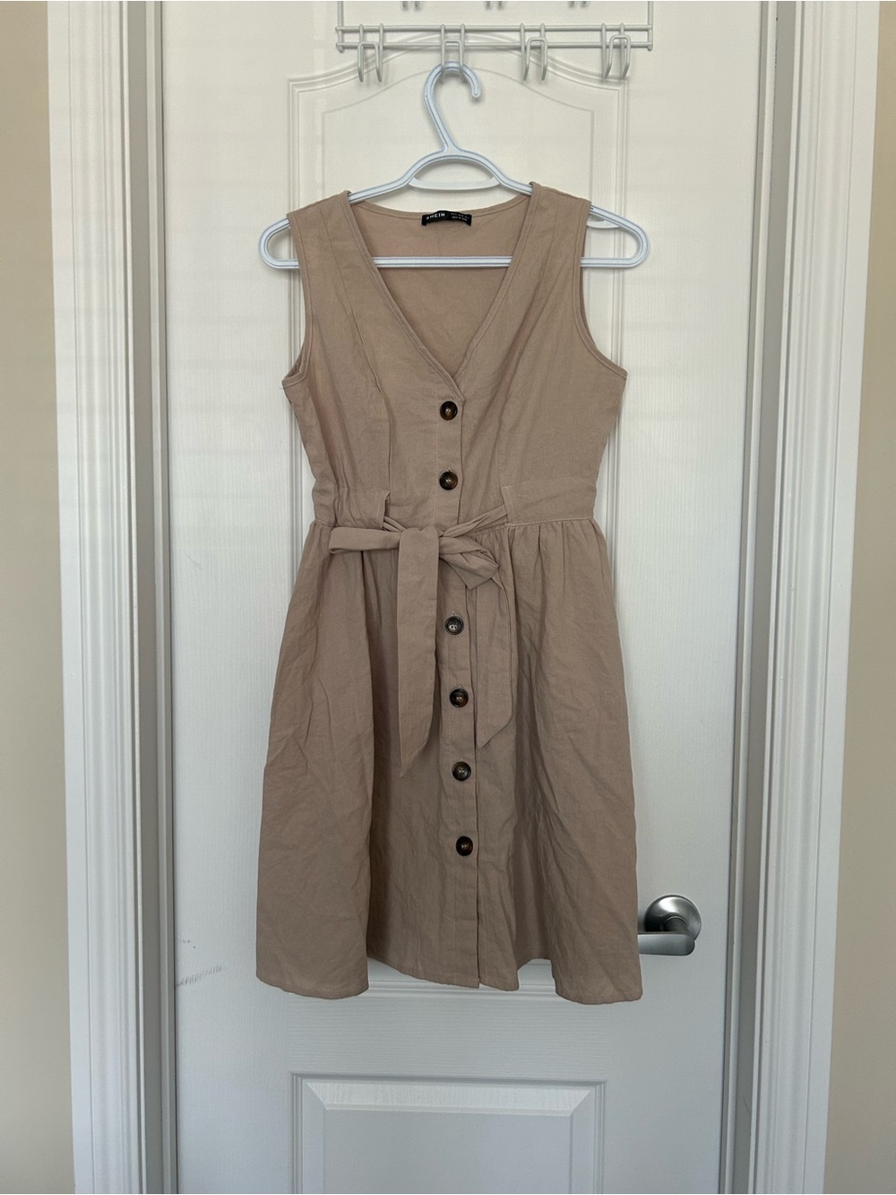 Button-Front Tan Sleeveless Tie-Waist Mini Dress